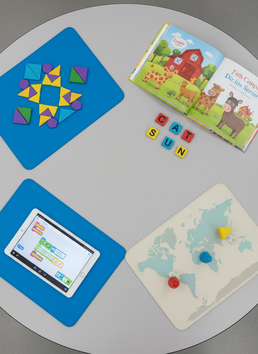 A circular arrangement of four distinct learning stations on a smooth, light gray classroom table, photographed from directly above. One station shows pattern blocks forming a geometric shape on a bright blue mat, another has phonics letter tiles arranged near a small illustrated storybook, the third features a simple map with tiny, non-human figurines placed as markers, and the fourth displays a tablet with a colorful coding interface of blocks and arrows. Soft, even overhead lighting creates minimal shadows and a clear, organized look. The mood is energetic yet structured, with photographic realism, crisp focus across the entire frame, and a clean, modern aesthetic ideal for illustrating integrated PreK–5 learning.