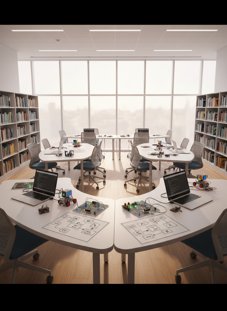 A wide, panoramic shot of a modern school library’s collaborative workspace, captured at eye level. Curved white tables hold a mix of open laptops, colorful coding robots, simple circuit kits with glowing LEDs, and printed storyboards with hand-drawn arrows and symbols, representing computational thinking. Shelves of books with varied spine colors frame the scene on both sides, while a large window at the back lets in diffused afternoon light, creating a bright yet gentle illumination with soft shadows under chairs and tables. The mood is innovative and inviting, with photographic realism, balanced composition using the rule of thirds, and sharp detail across the space to highlight authentic, technology-rich learning without showing any people.