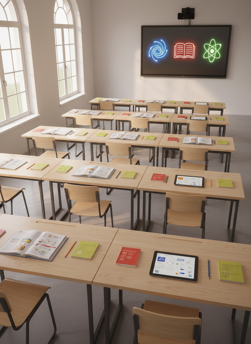 A neatly arranged classroom scene viewed from an elevated angle, with rows of light birch student desks covered in colorful open textbooks, sharpened pencils, and tablets displaying simple diagrams. A large, wall-mounted interactive display at the front shows abstract icons representing math, reading, and science, without any text. Sunlight filters through tall windows, casting soft, diffused light across a neutral-toned floor and creating gentle shadows between desks. The atmosphere feels calm, focused, and professional. The photographic realism emphasizes clean lines, subtle reflections on the tablet screens, and the texture of paper and wood, with a moderate depth of field keeping the entire room in sharp, inviting detail for an education-focused blog homepage.